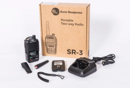 What is included in the SR-3 box? Included in box with SR-3 are wrist lanyard, battery, antenna, belt clip, and charging cup